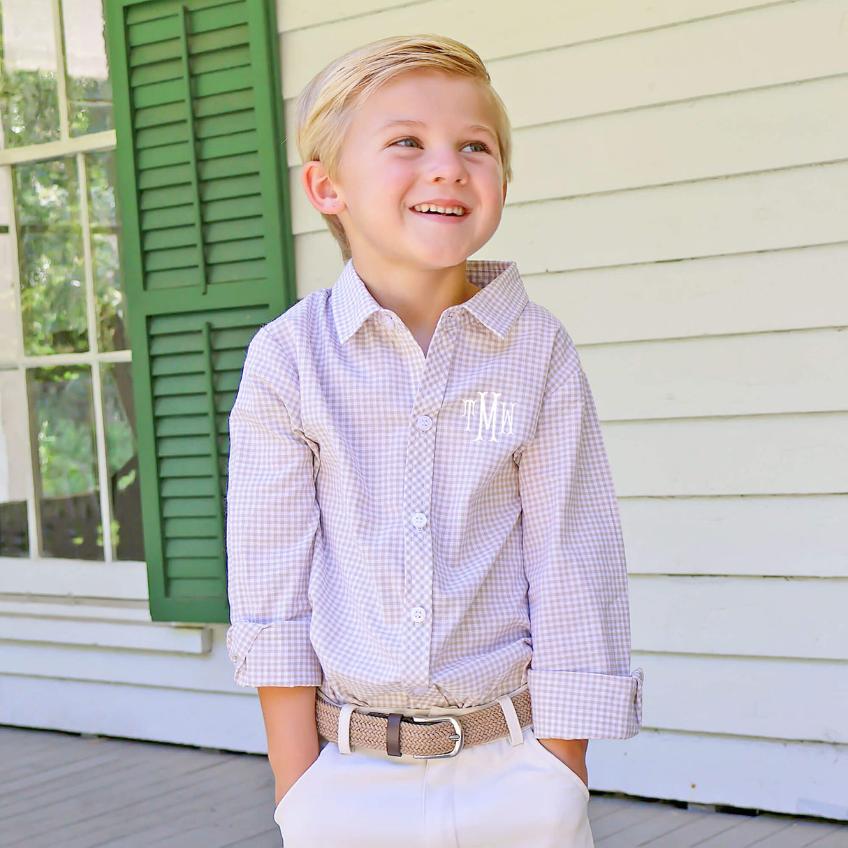 Tan Gingham Button Down Shirt