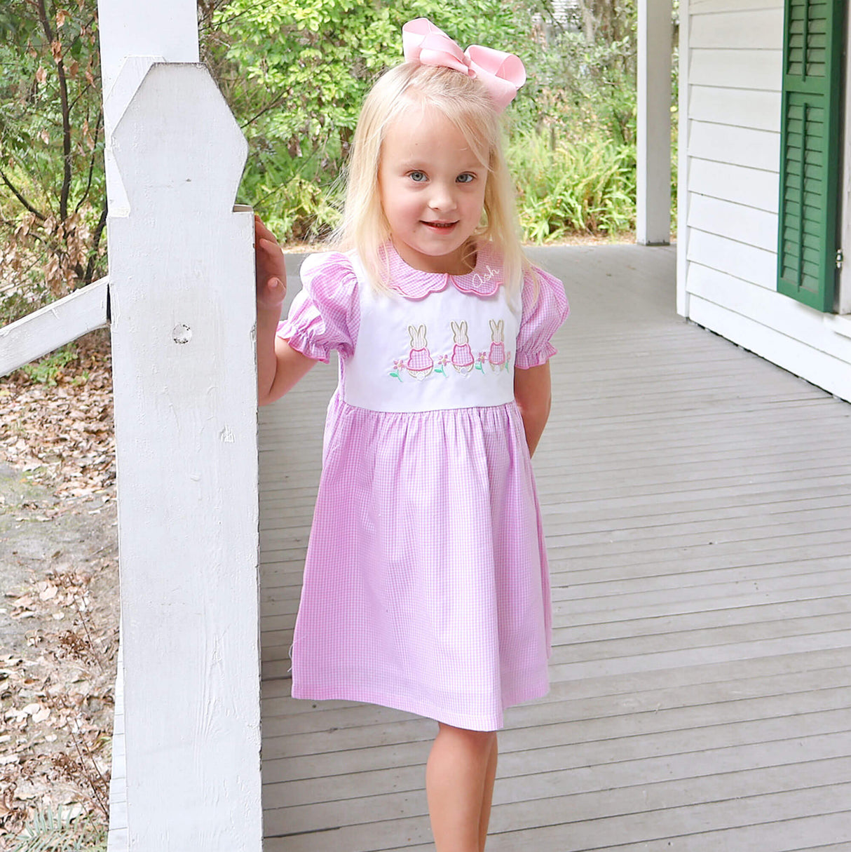 Storybook Bunny Trio Pink Gingham Dress