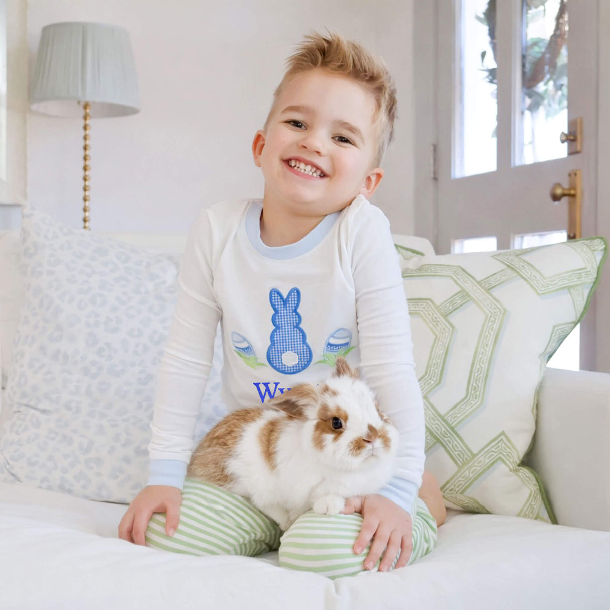Easter Bunny Blue Trim Green Stripe Pajamas