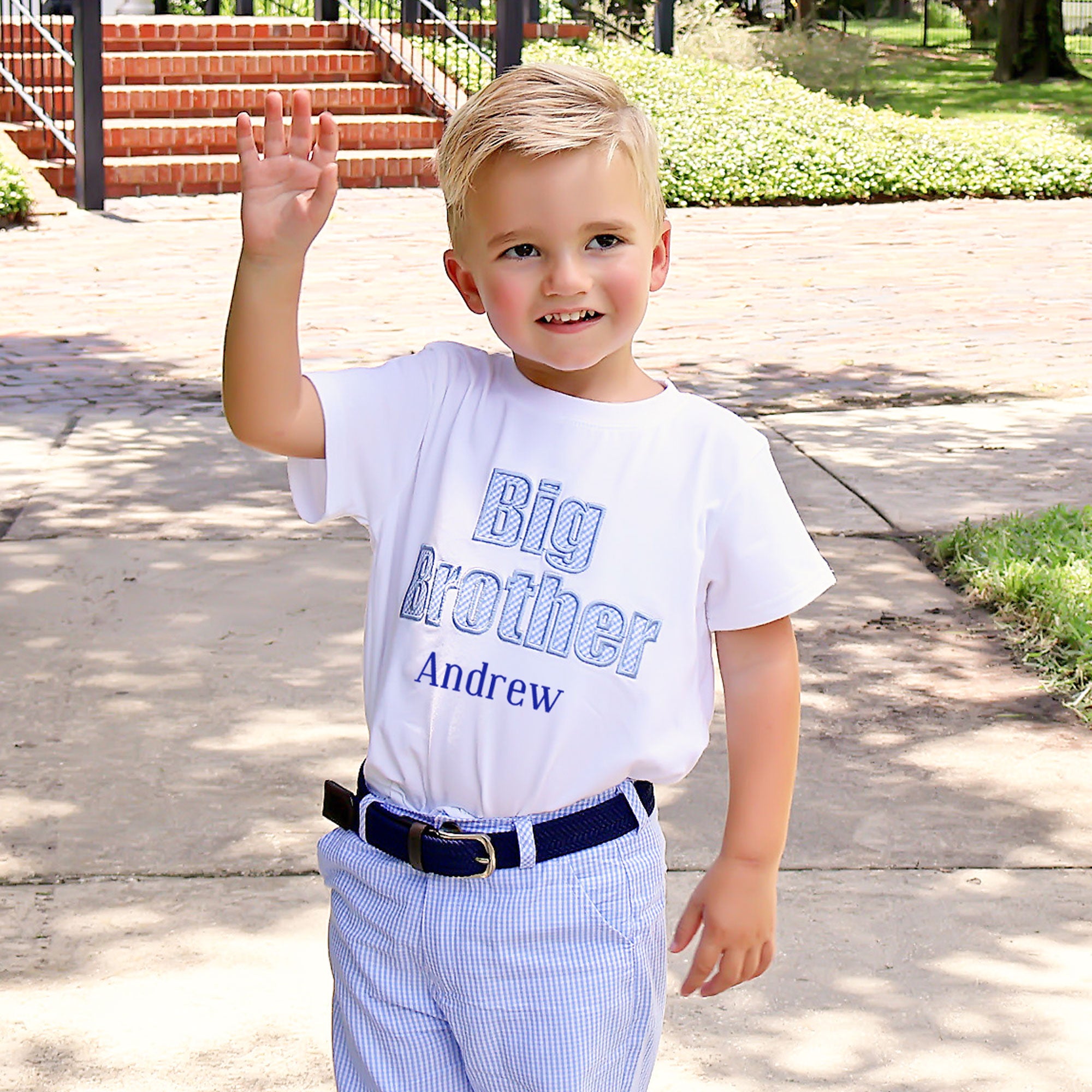 Big Brother Blue Gingham Applique Short Sleeve Shirt – Classic Whimsy