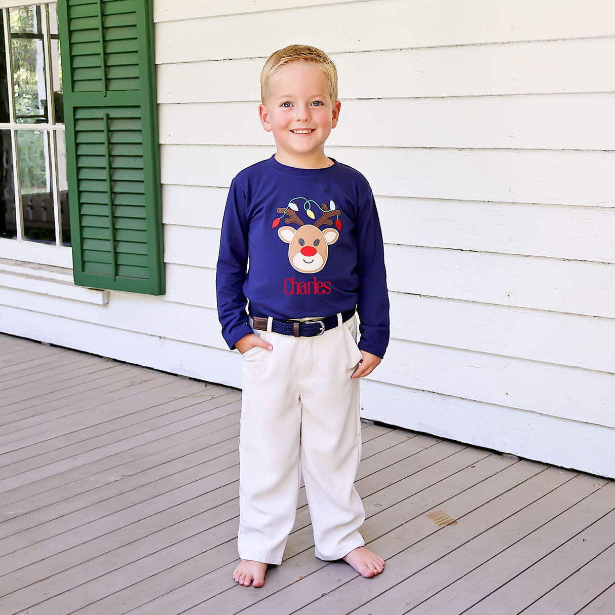 Reindeer Lights Navy Long Sleeve Shirt