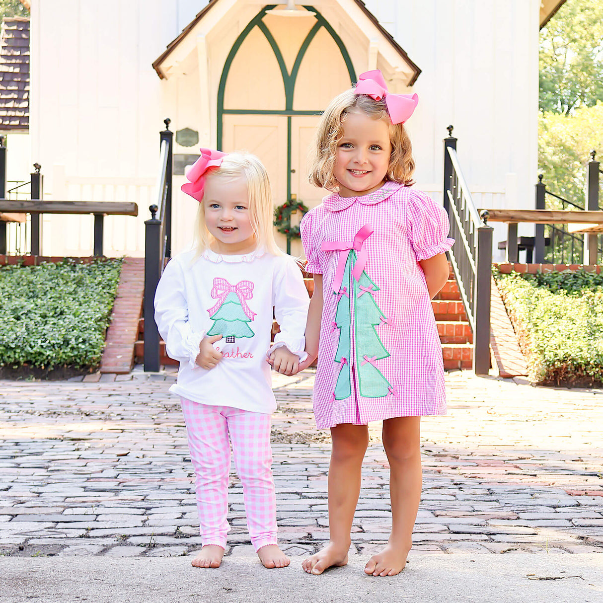 Christmas Tree Bows Pink Gingham Front Pleat Dress