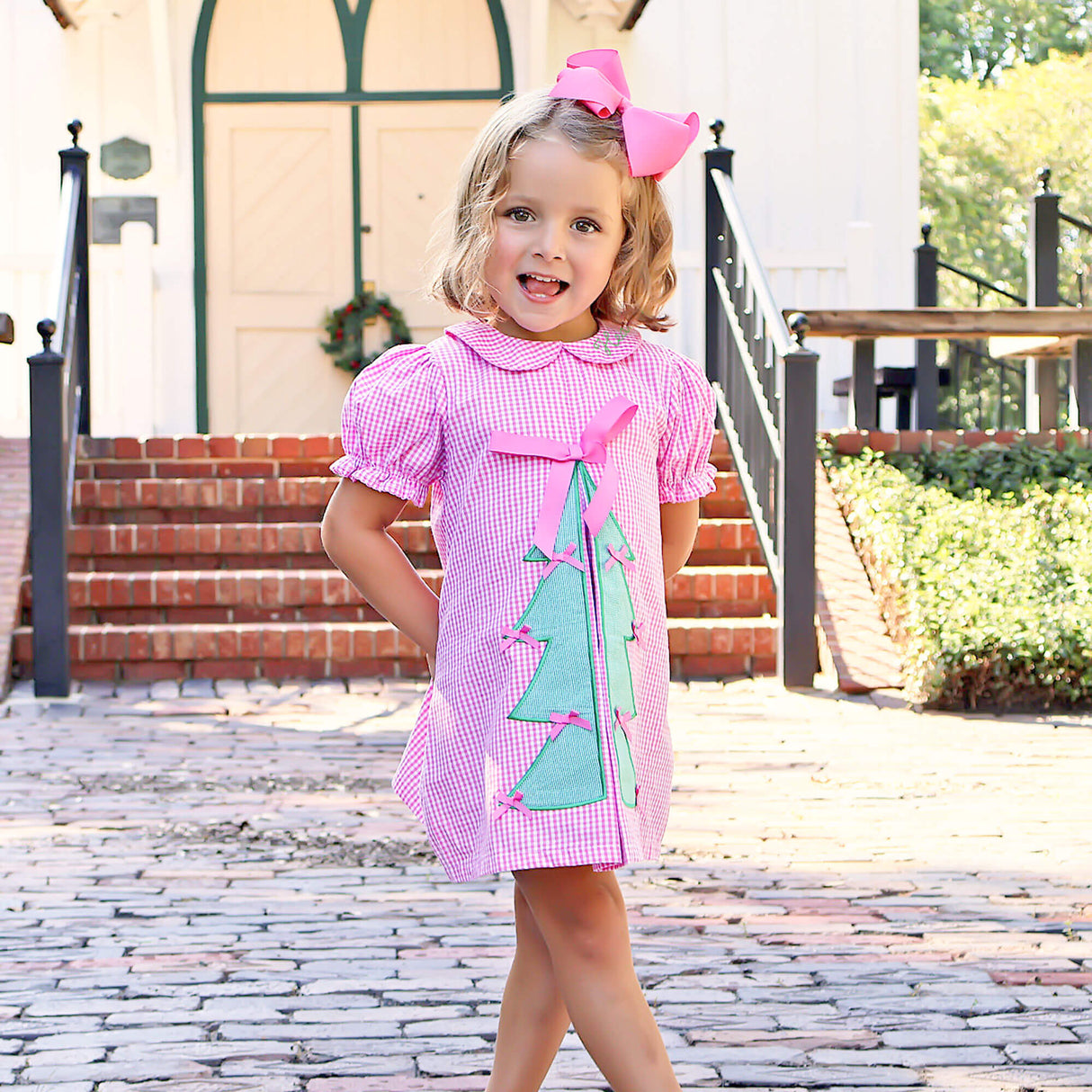 Christmas Tree Bows Pink Gingham Front Pleat Dress