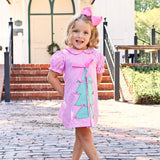 Christmas Tree Bows Pink Gingham Front Pleat Dress