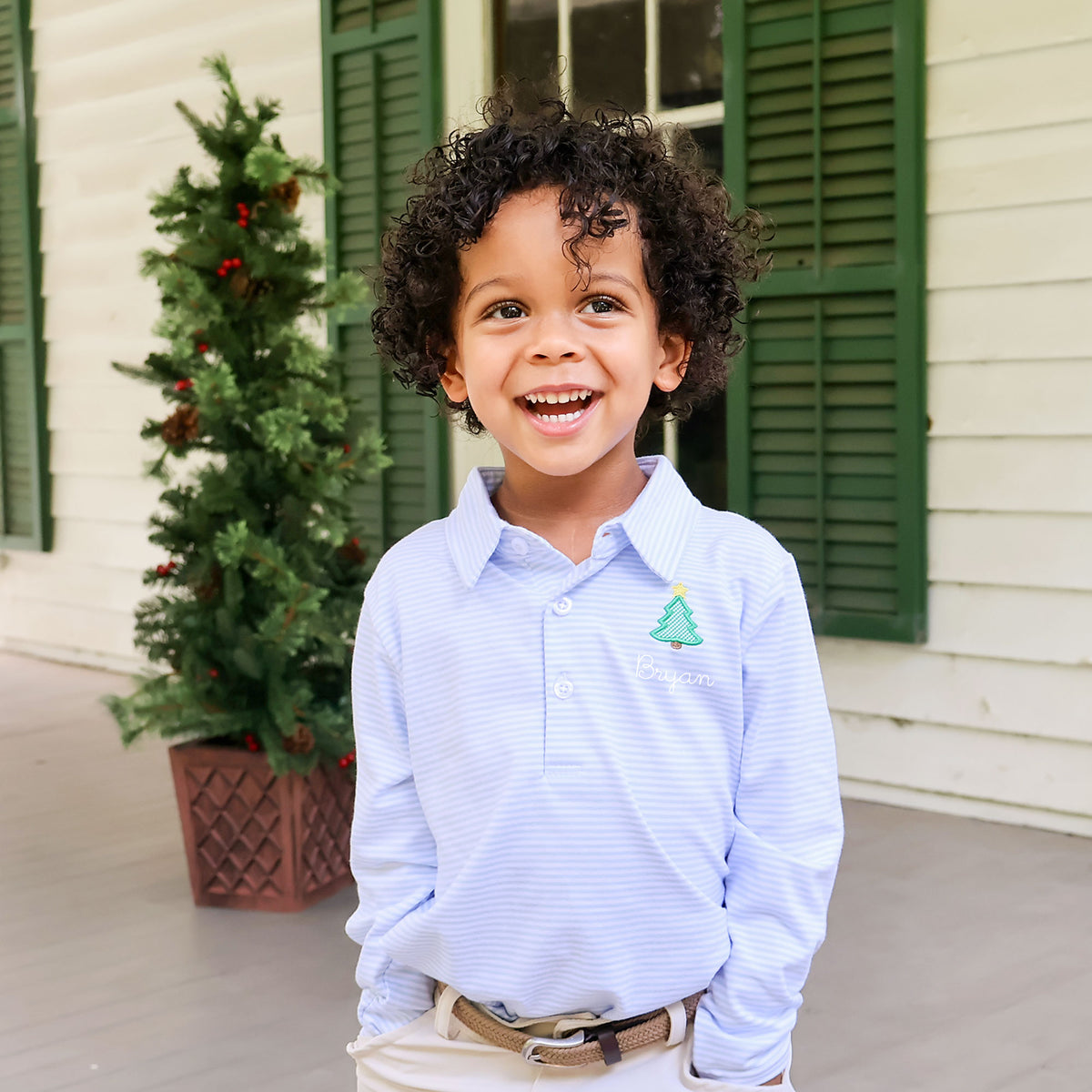 Christmas Tree Light Blue Stripe Polo