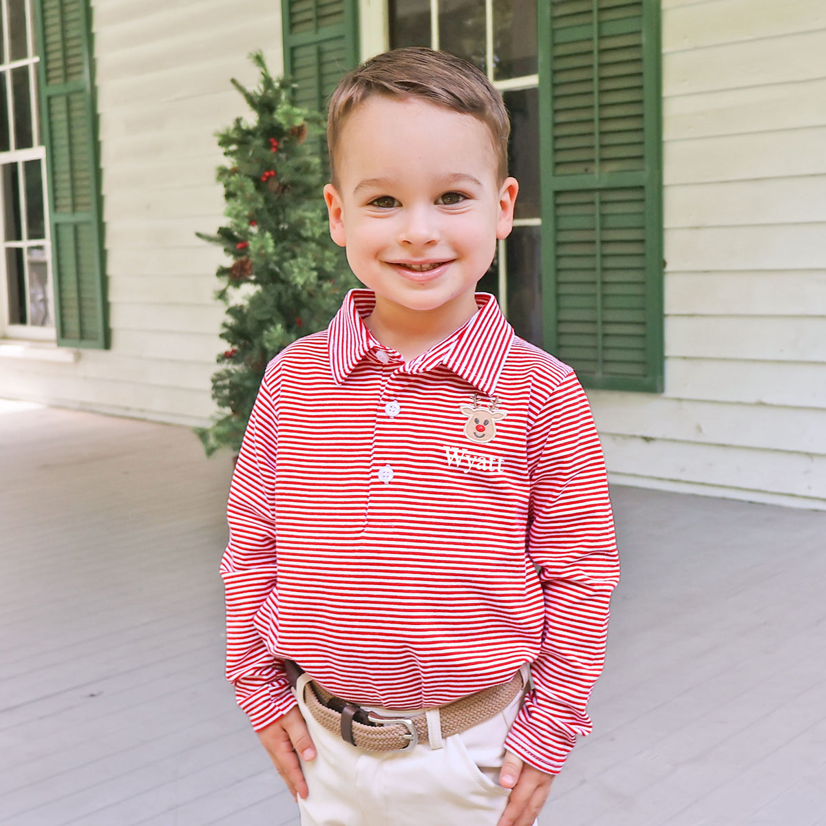 Reindeer Red Stripe Long Sleeve Polo
