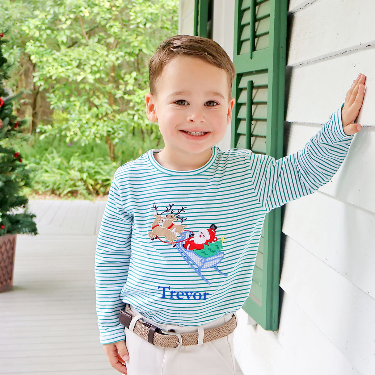Santa's Reindeer Green Stripe Long Sleeve Shirt