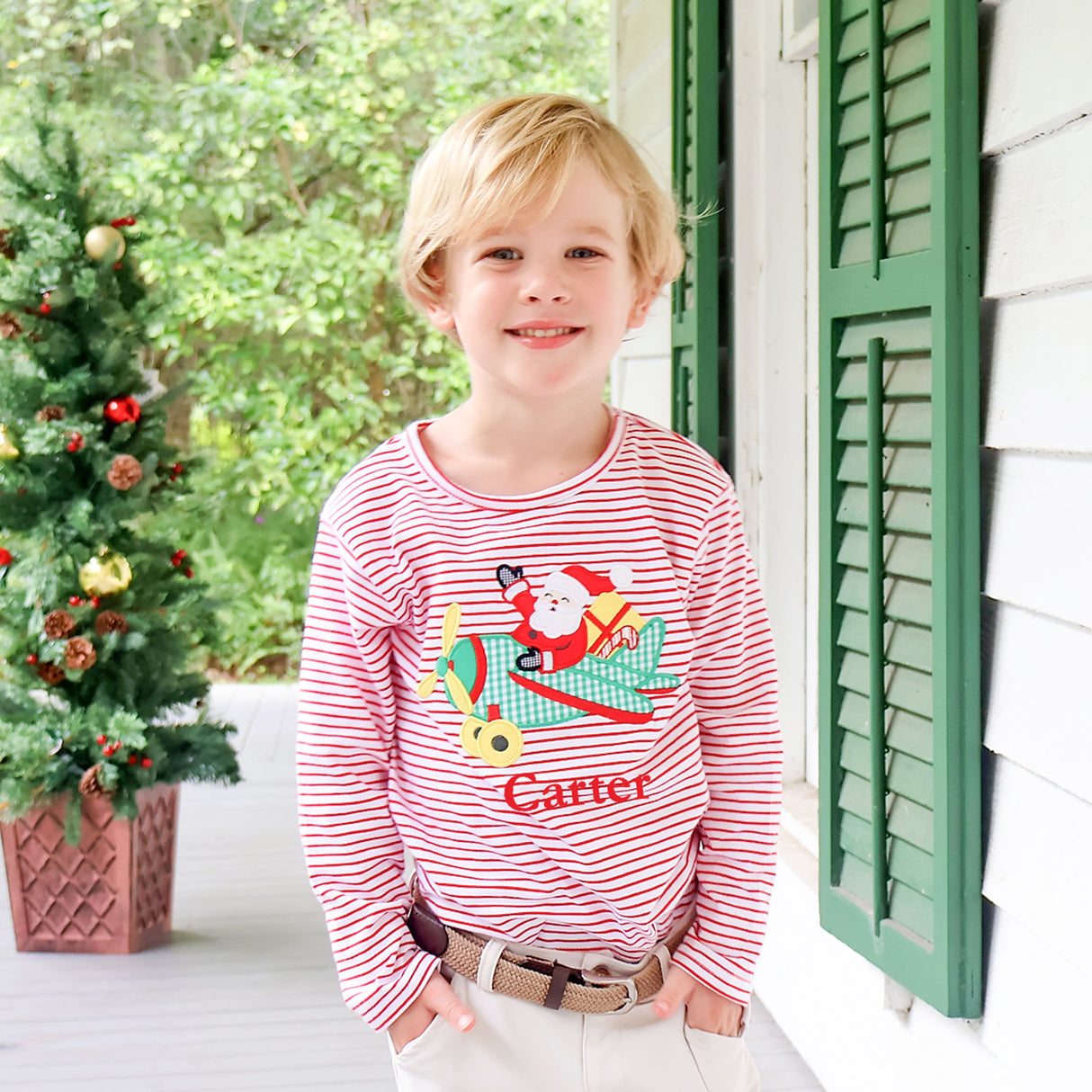 Santa's Airplane Red Stripe Long Sleeve Shirt
