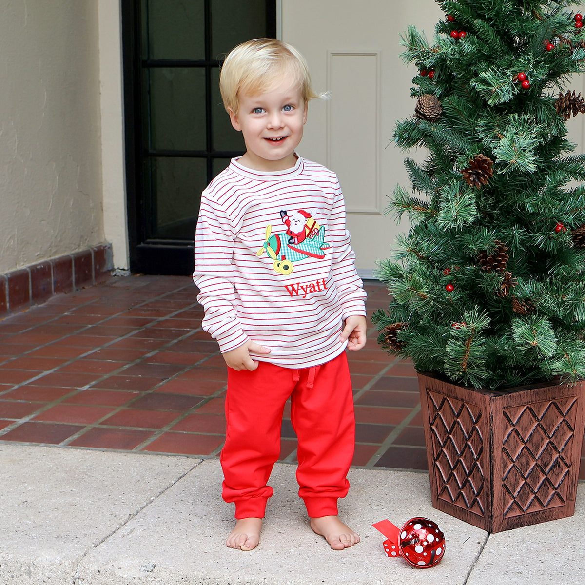 Santa's Airplane Red Stripe Jogger Set