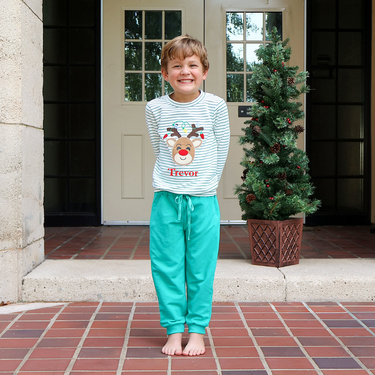 Reindeer Lights Green Stripe Jogger Set