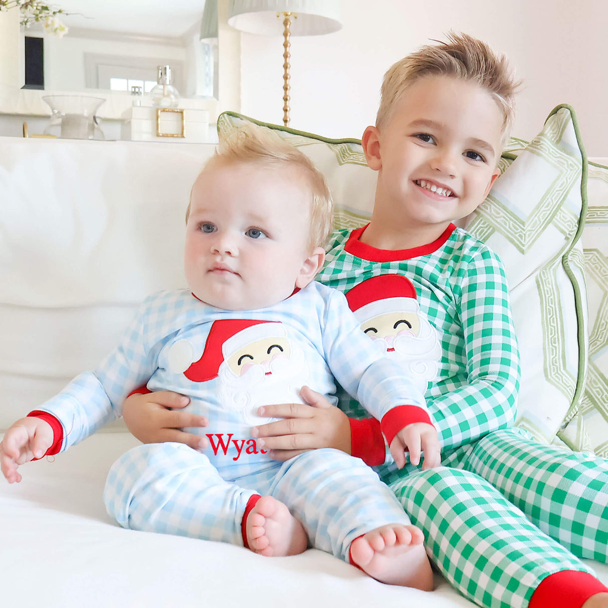 Happy Santa Green Gingham Pajamas