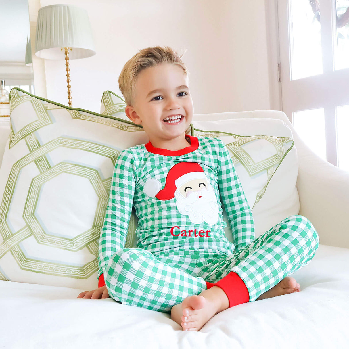 Happy Santa Green Gingham Pajamas