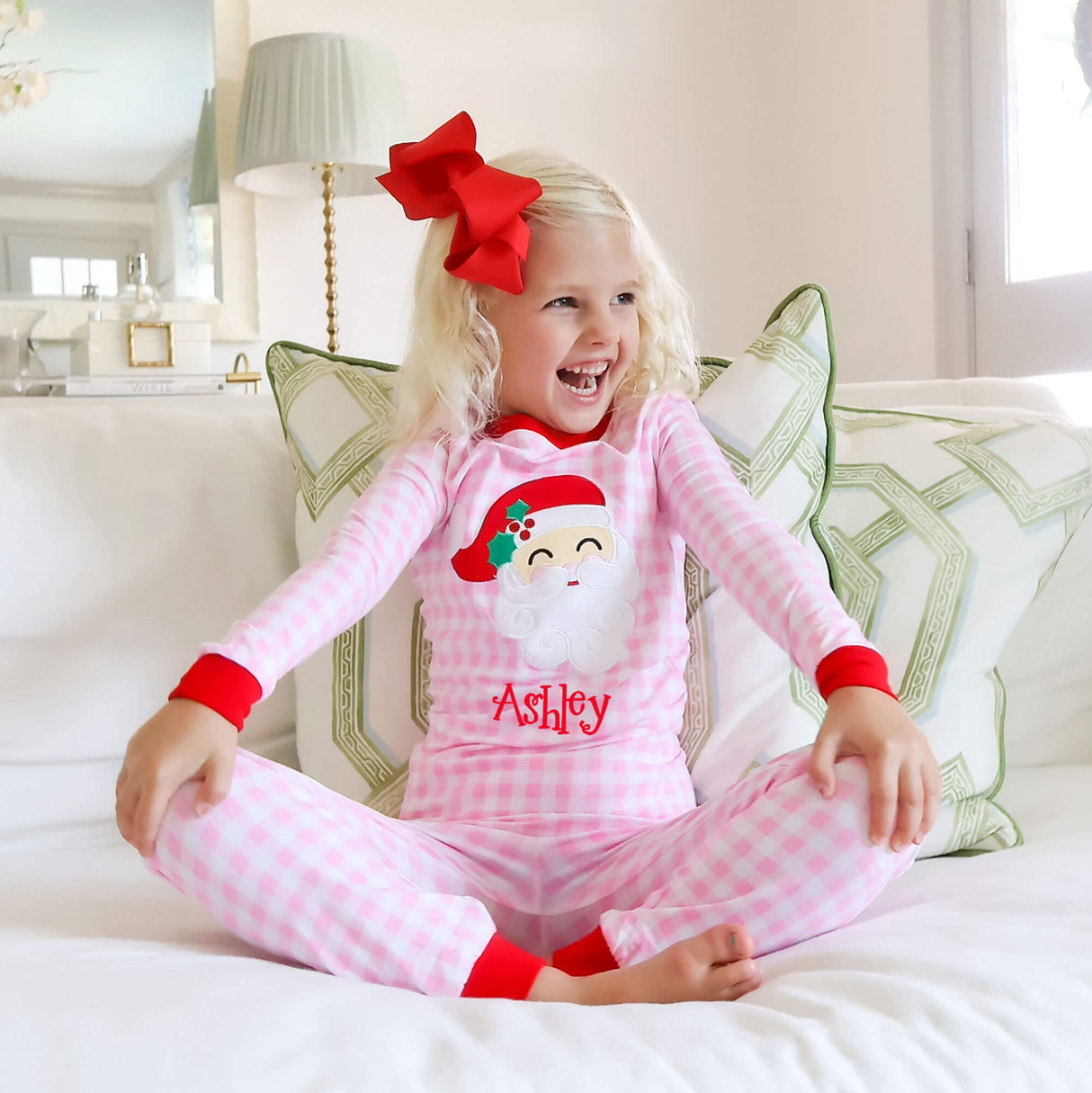 Happy Santa Pink Gingham Pajamas