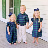Hamilton Plaid Navy & Green Smocked Long Bubble