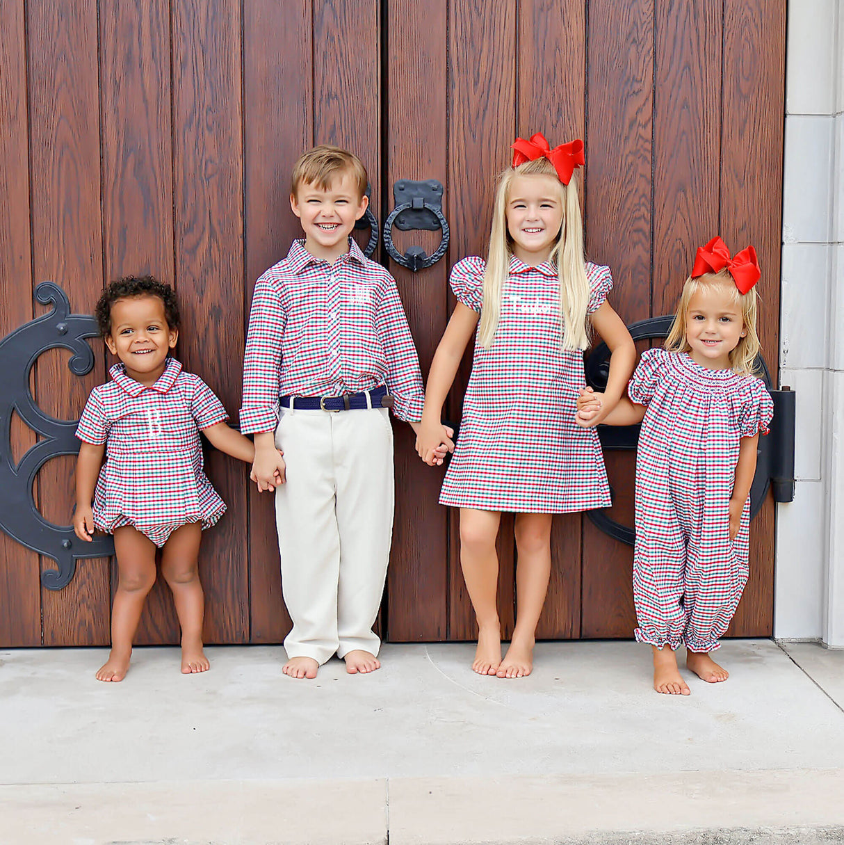 Christmas Card Gingham Smocked Long Bubble
