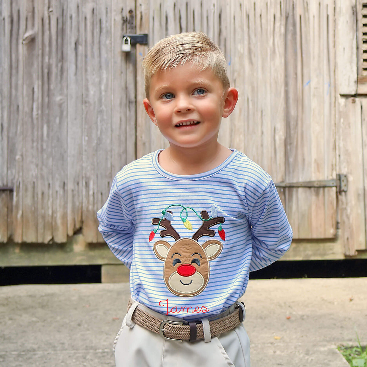 Reindeer Lights Blue Stripe Long Sleeve Shirt