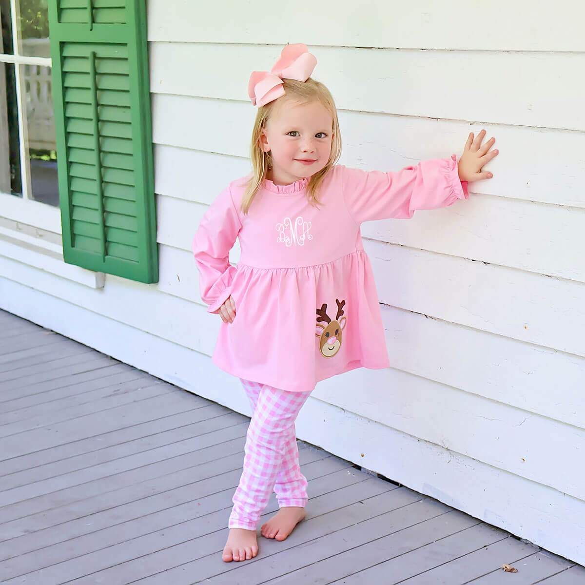 Reindeer Pink Gingham Smocked Aria Legging Set