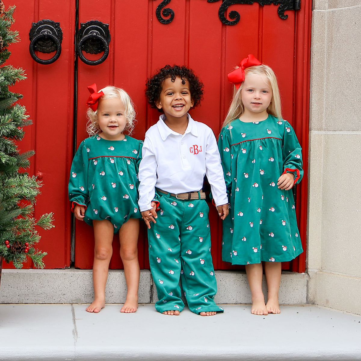 Happy Santa Green Corduroy Schiffli Dress