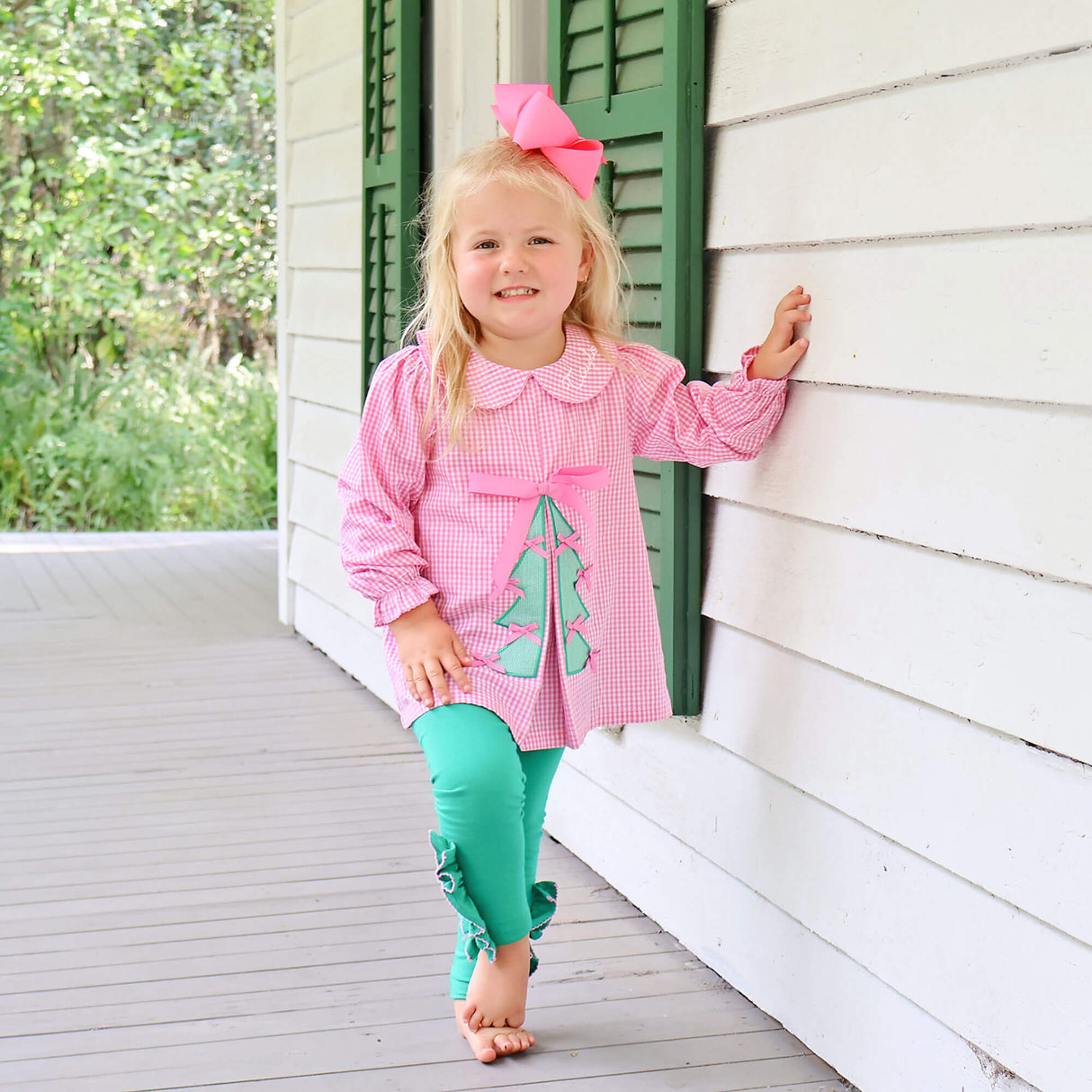 Christmas Tree Bows Pink Gingham Front Pleat Legging Set