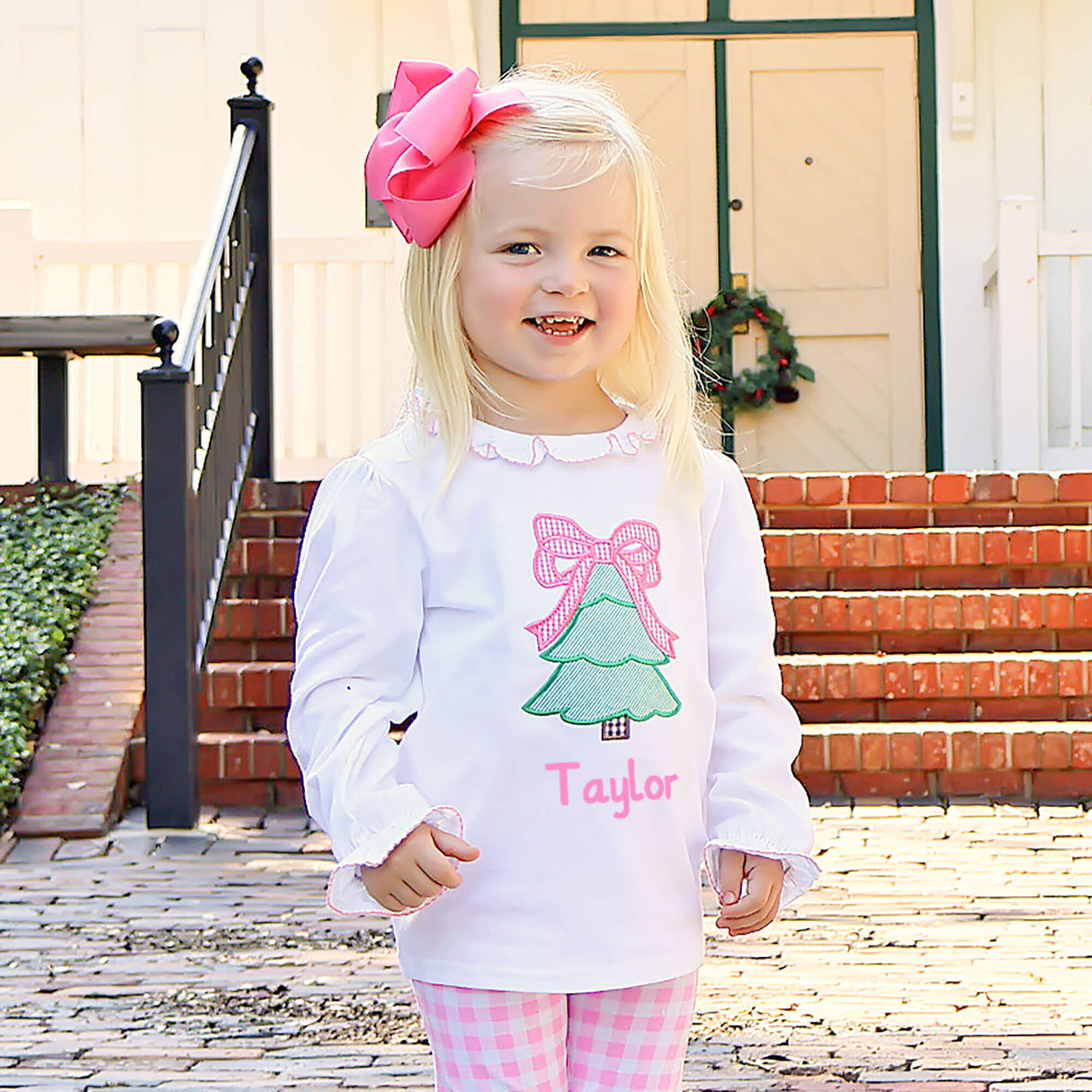 Christmas Tree & Bow White Long Sleeve Top