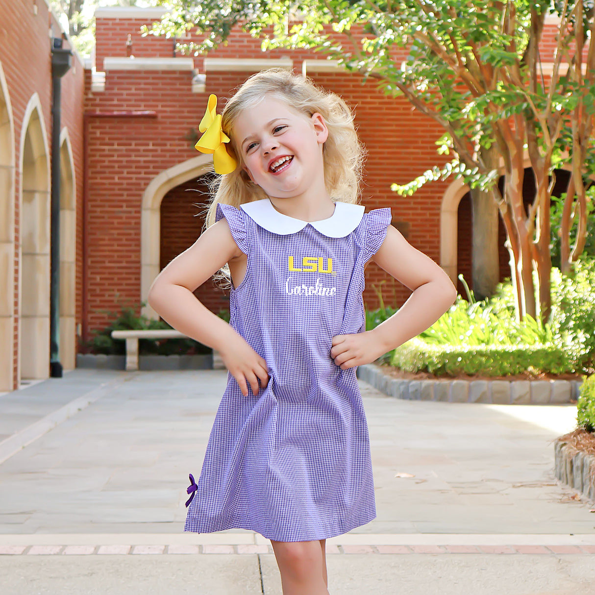 LSU Embroidered Purple Gingham Dress