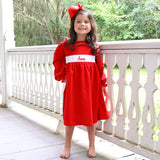 Red Corduroy Ruffle Collared Dress