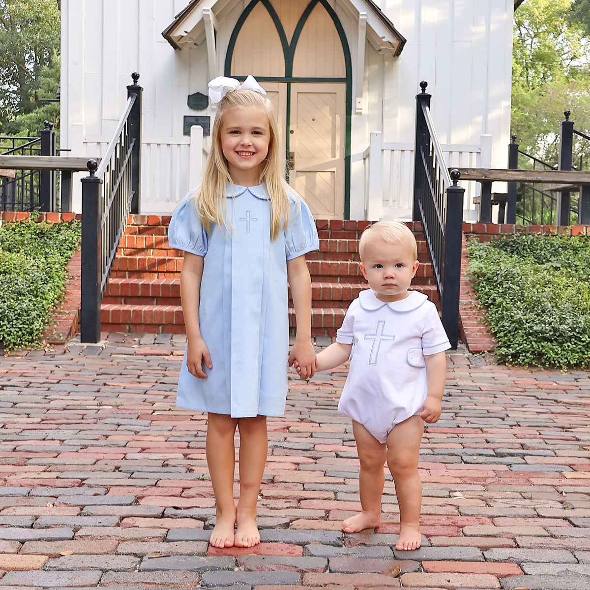 Cross Embroidered Light Blue Pleated Dress