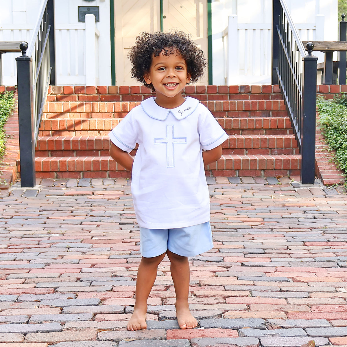Cross Embroidered White Collared Short Set