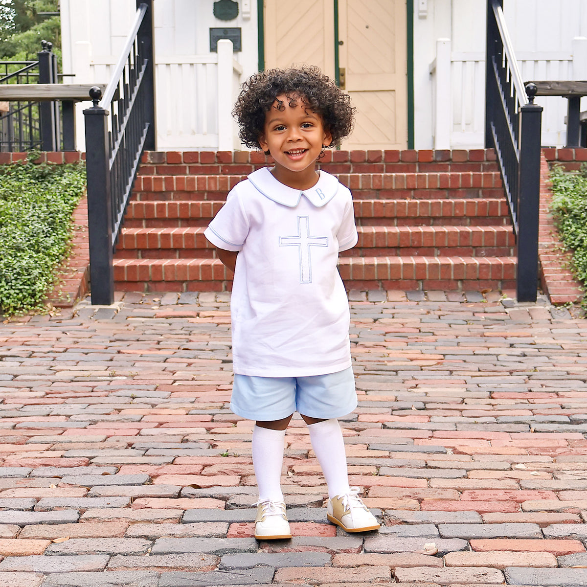 Cross Embroidered White Collared Short Set