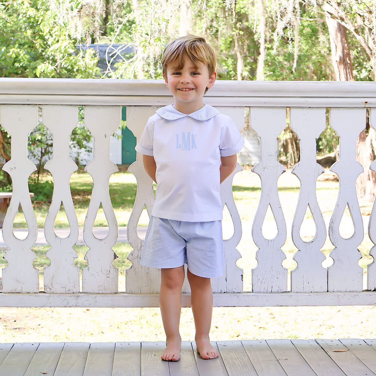 Light Blue Seersucker Check Collared Short Set