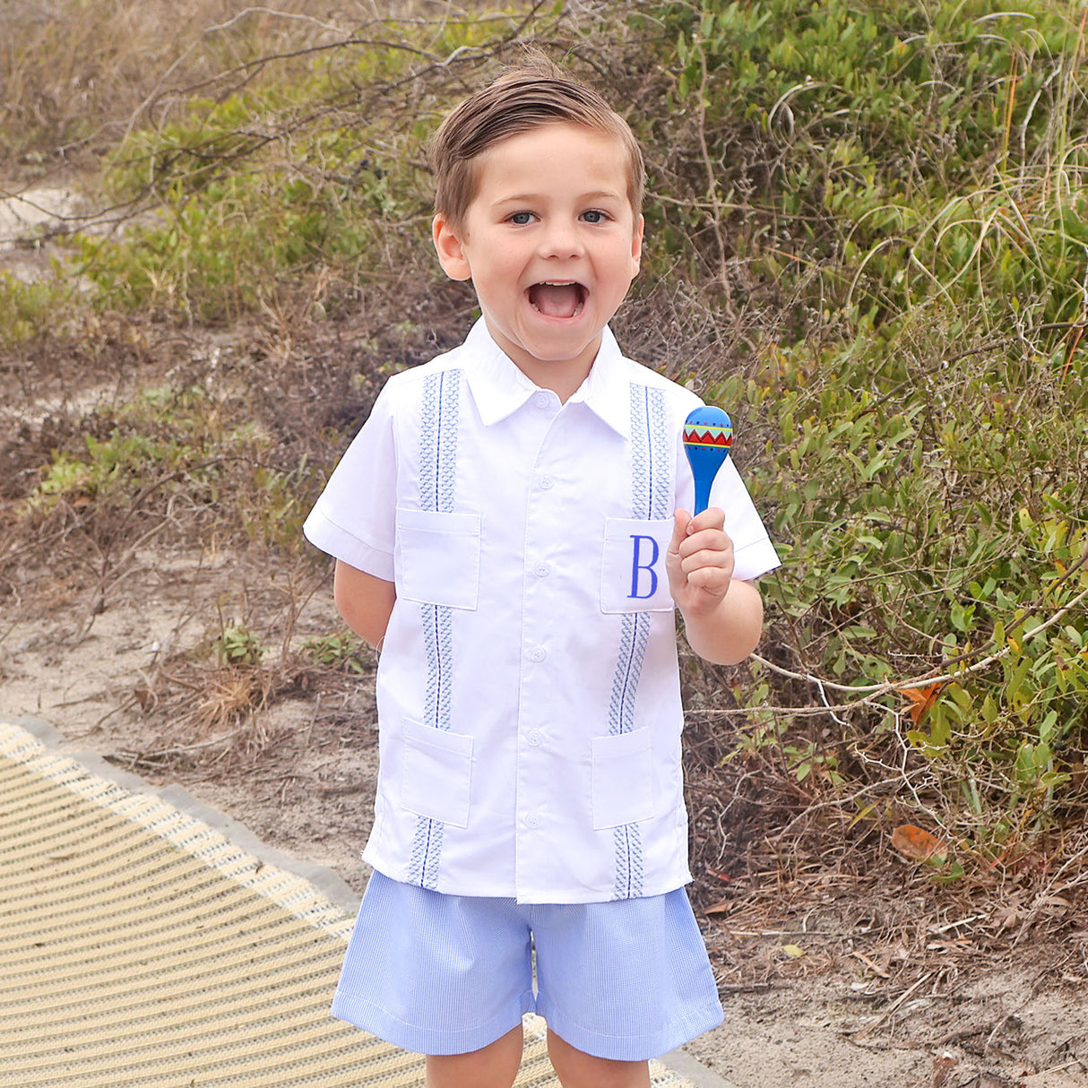 White With Blue Embroidered Guayabera Short Set