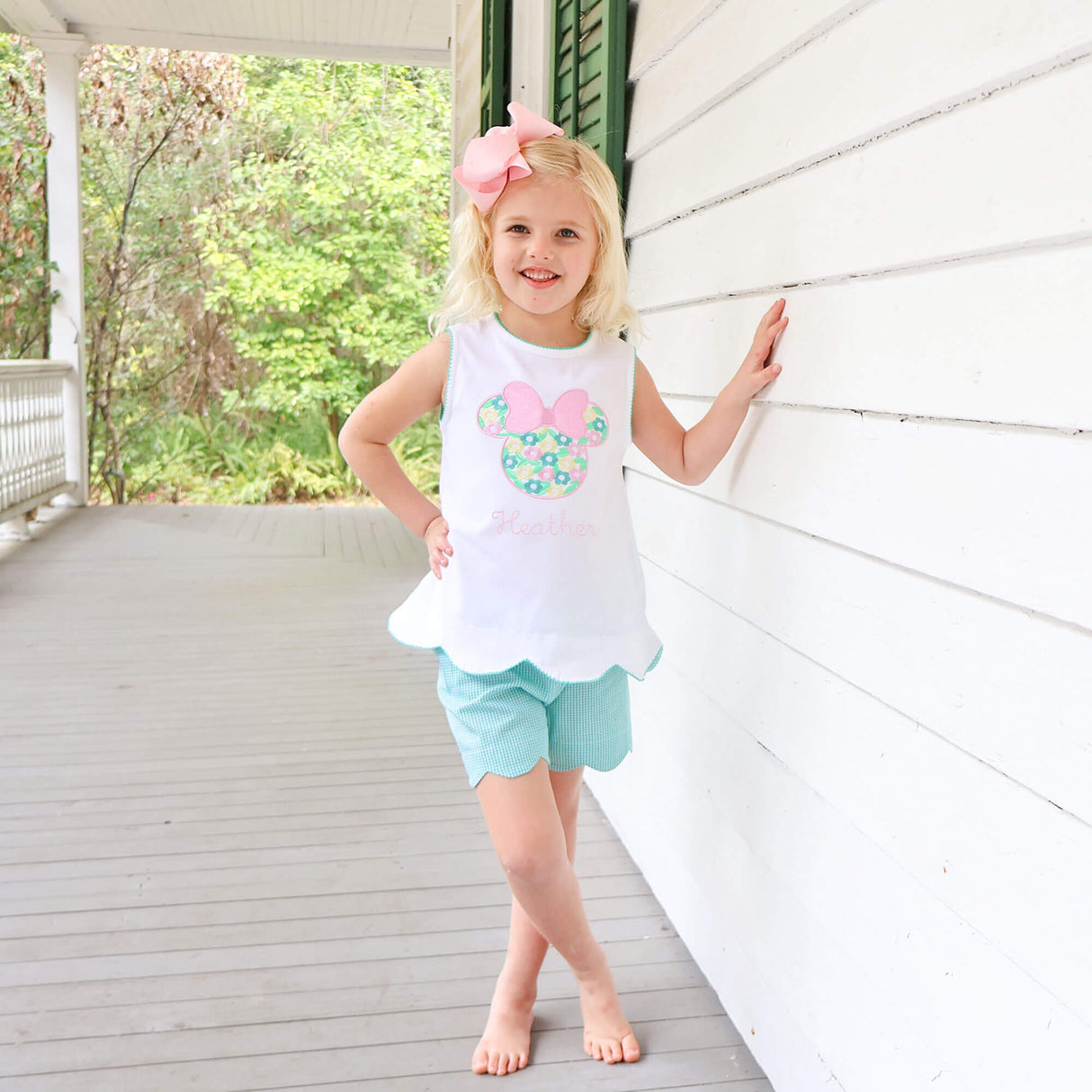 Mouse Ears Floral Embroidered Turquoise Gingham Cleo Short Set