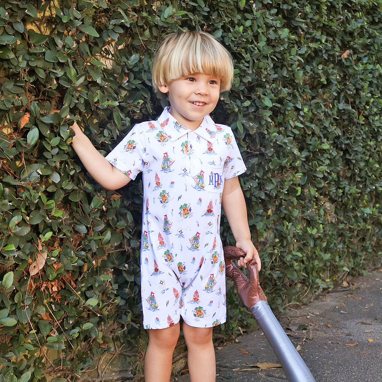 Pirate Ship Print Polo Romper