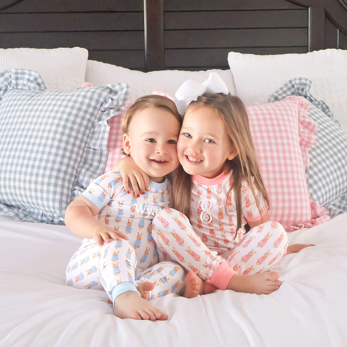 Gingham Storybook Bunnies Blue Pajamas