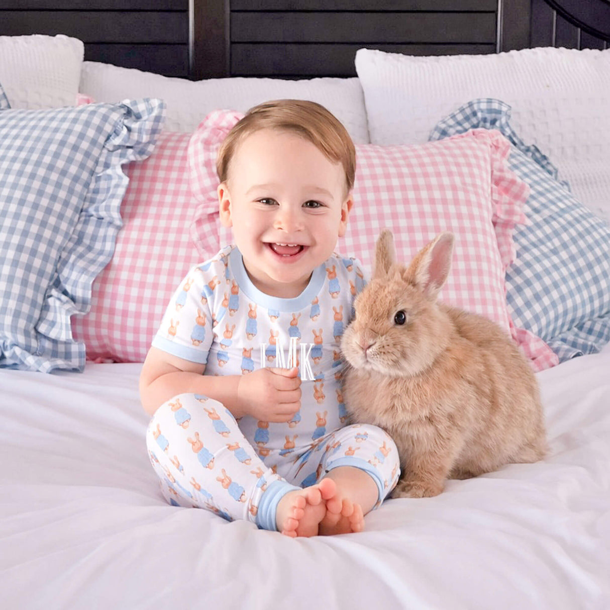 Gingham Storybook Bunnies Blue Pajamas