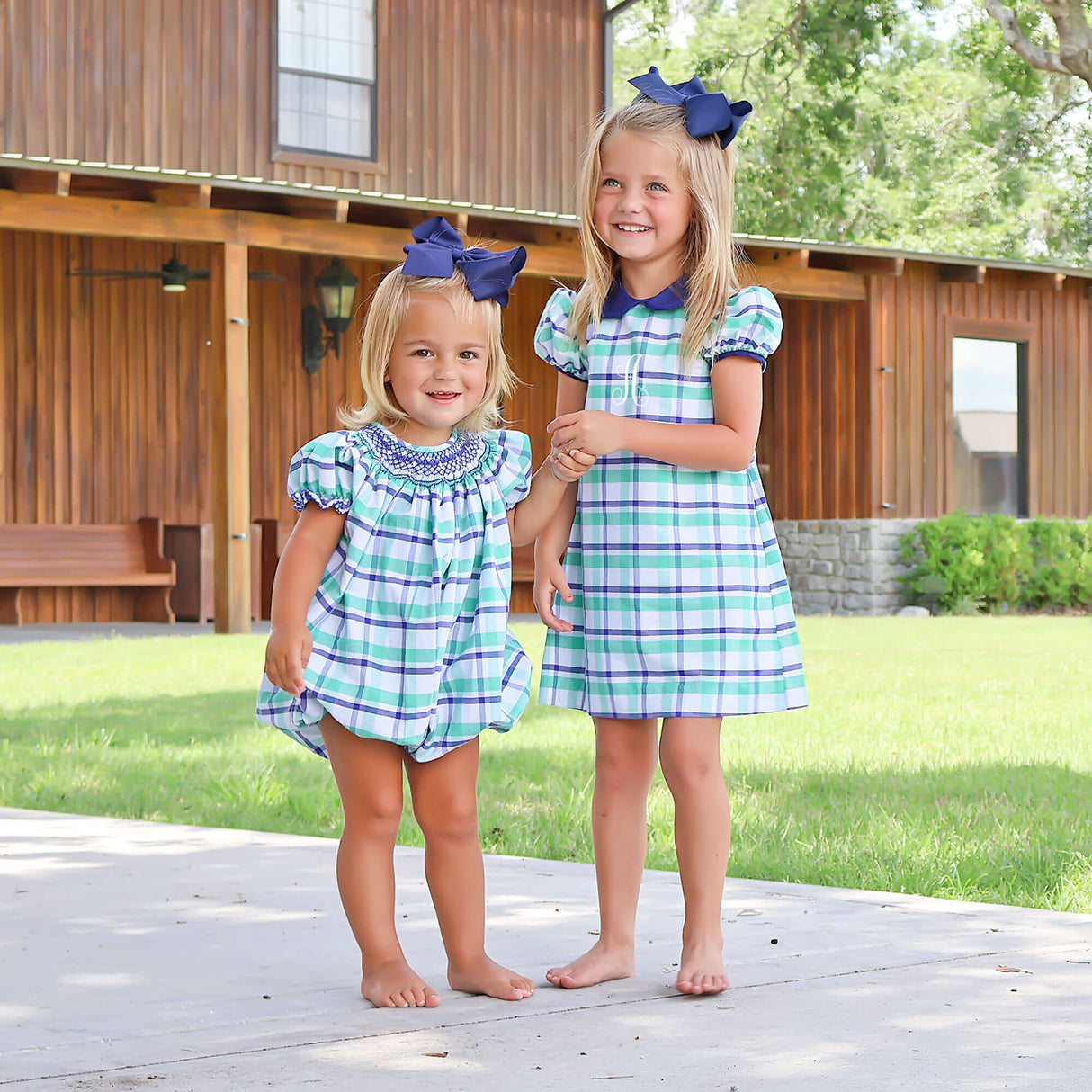Denver Green Plaid Geo Smocked Bishop Bubble