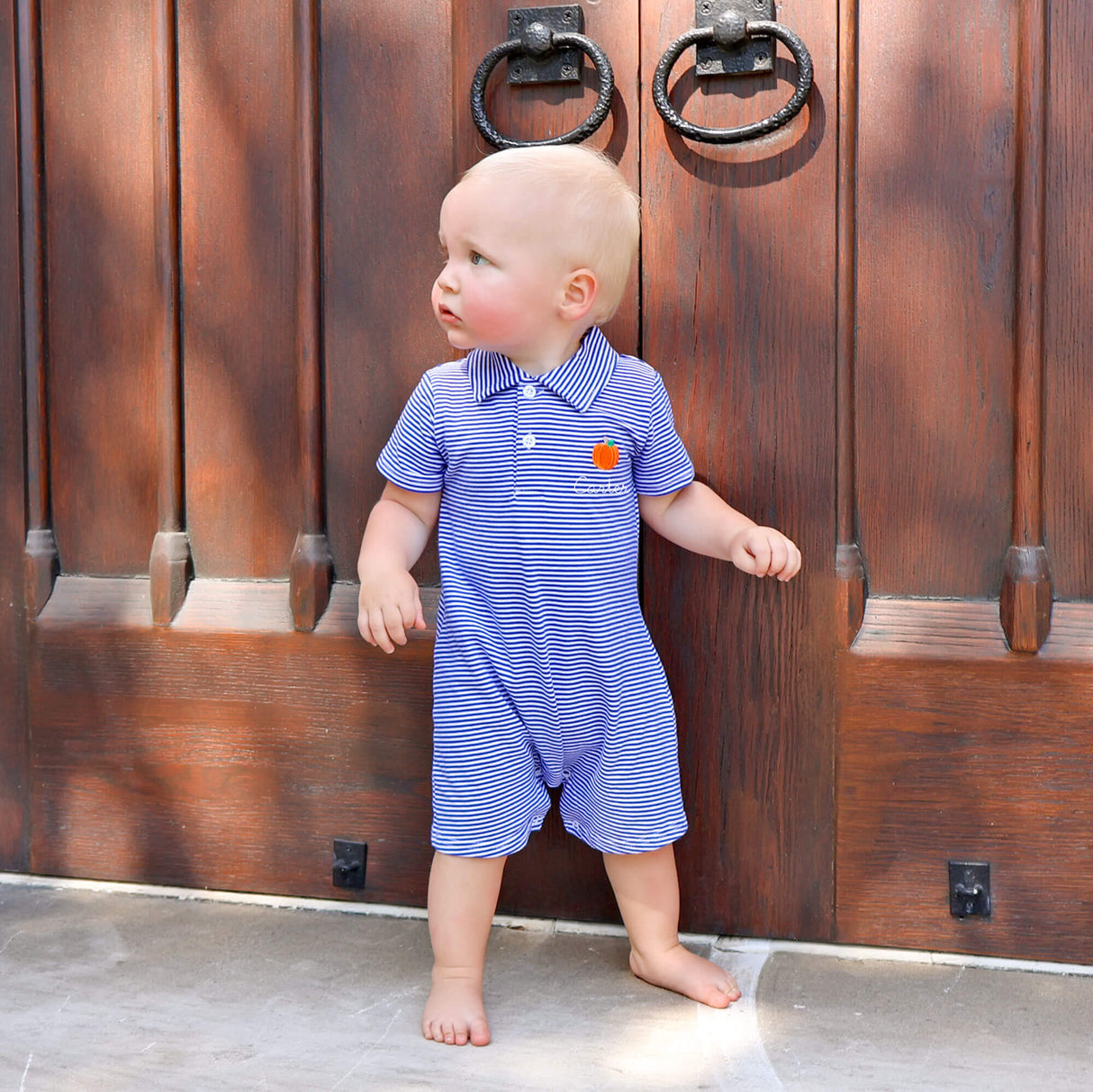 Pumpkin Royal Blue Stripe Polo Romper