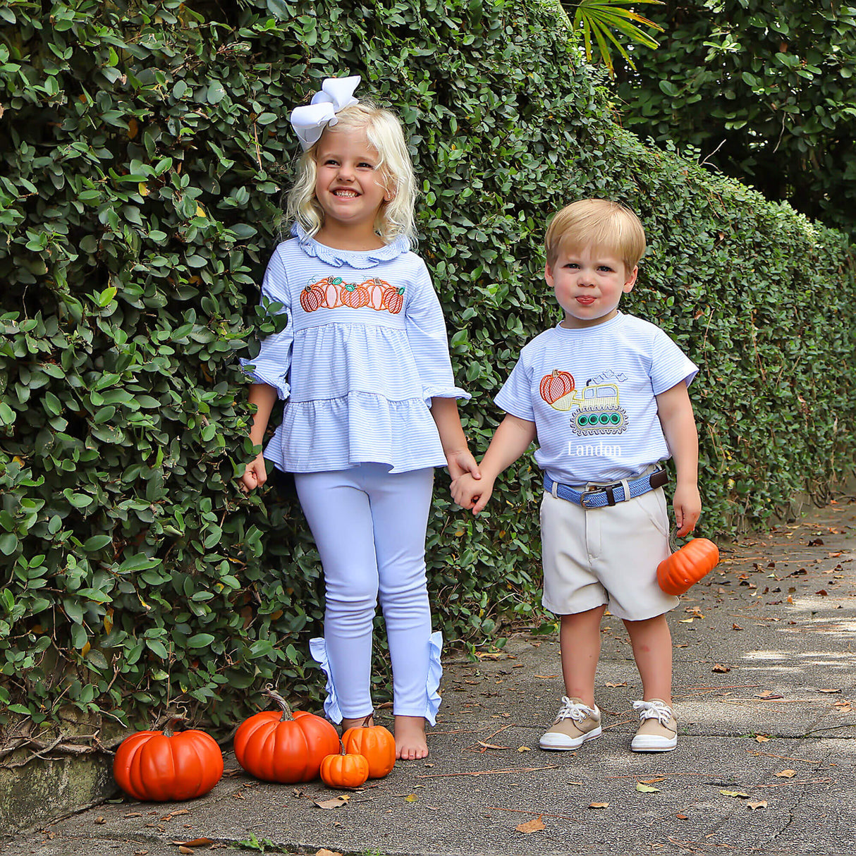 Pumpkin Cluster Light Blue Stripe Callie Legging Set