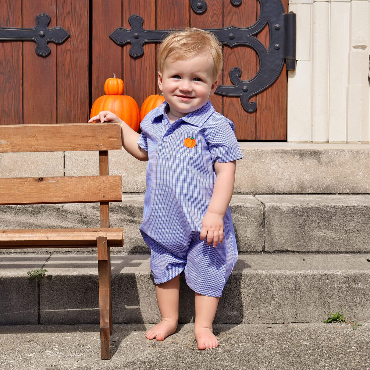 Pumpkin Blue Micro Plaid Polo Romper
