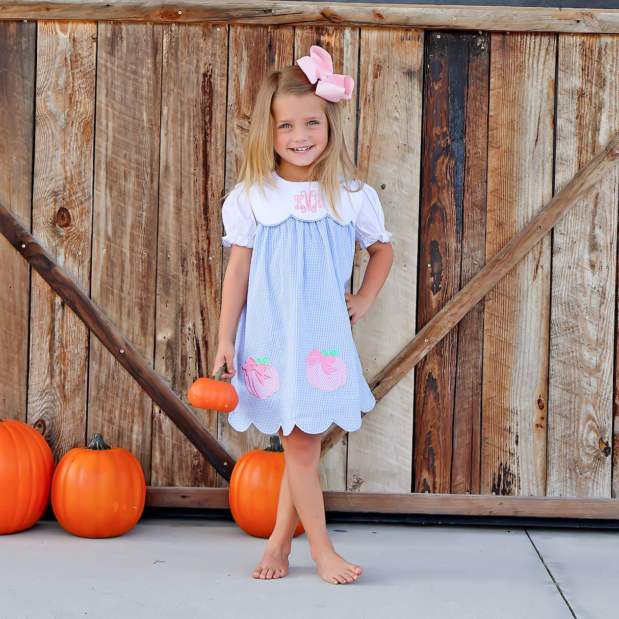 Sweet Pumpkin Bow Light Blue Gingham Amelia Dress