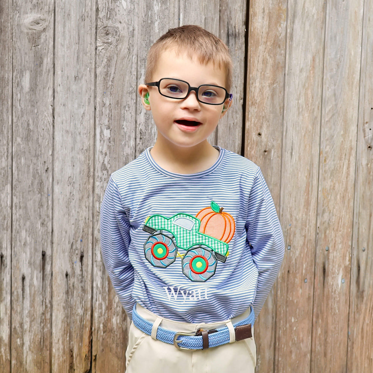 Pumpkin Truck Blue Stripe Long Sleeve Shirt