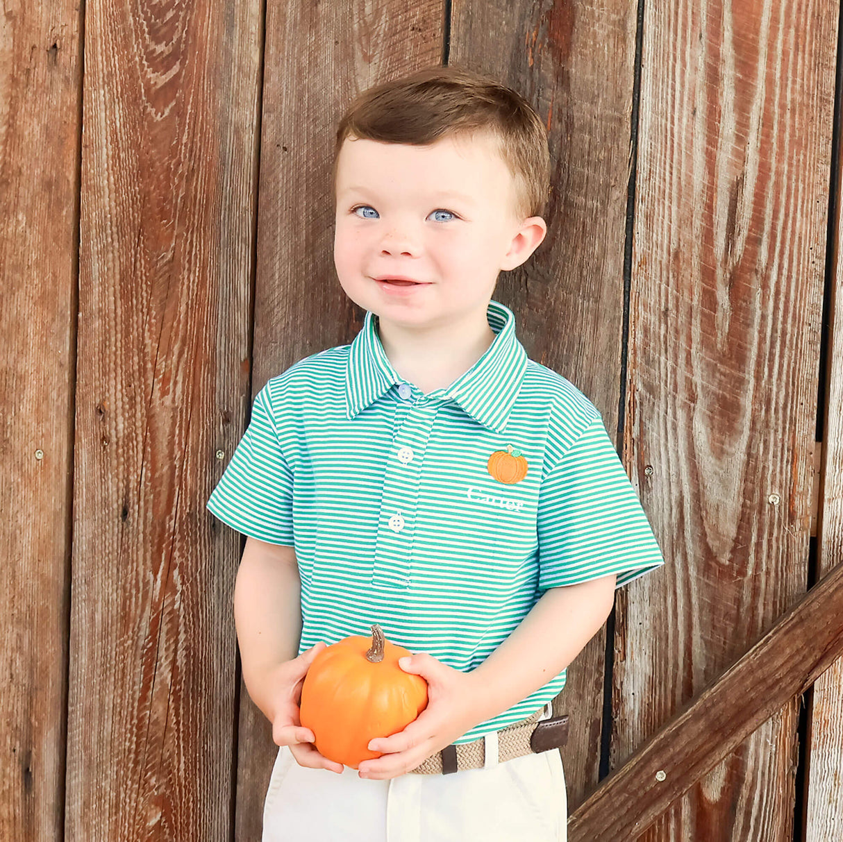 Pumpkin Embroidered Green Stripe Polo Shirt