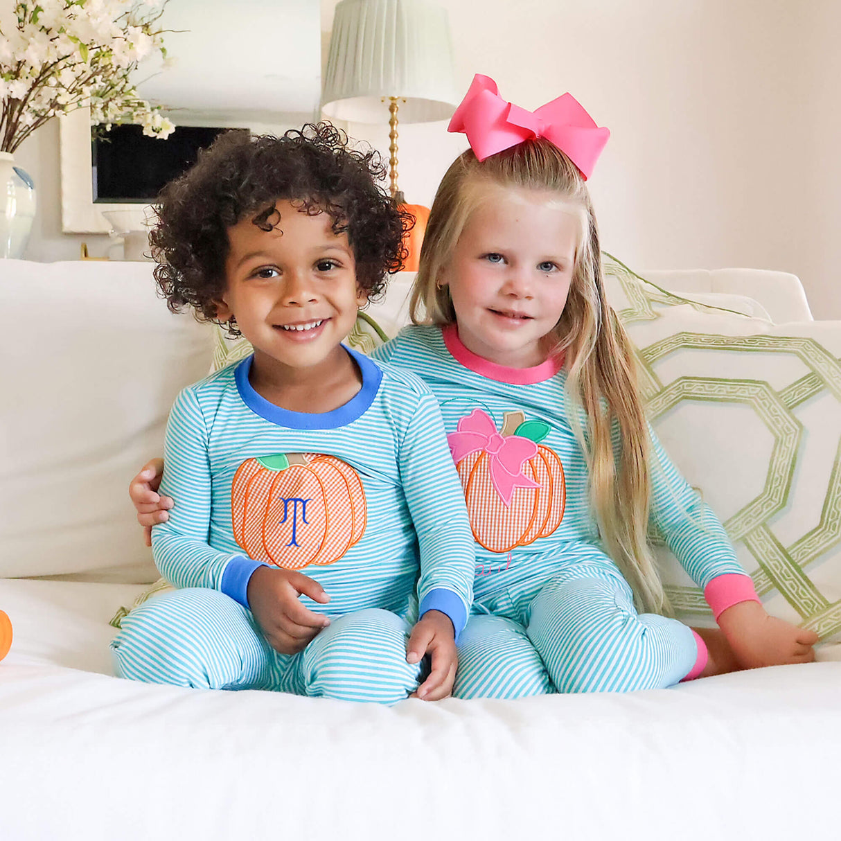 Pumpkin Green Stripe Pajamas with Pink Trim