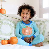 Pumpkin Green Stripe Pajamas with Blue Trim
