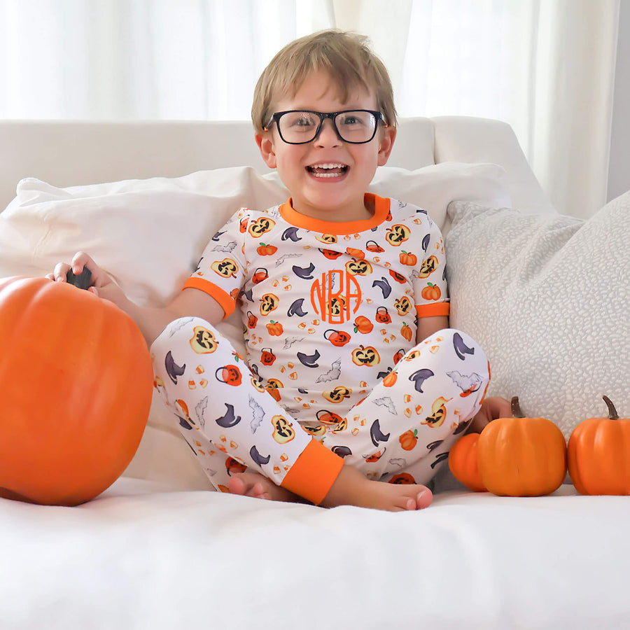 Petit Bebe Boys Orange Check Smocked Halloween Theme Longall main image 1