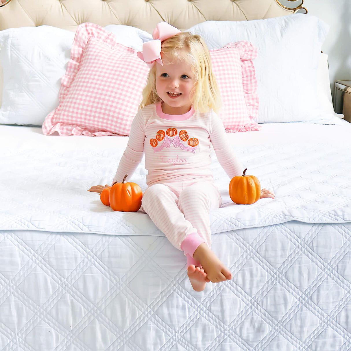Pumpkin Bow Pink Stripe Pajamas
