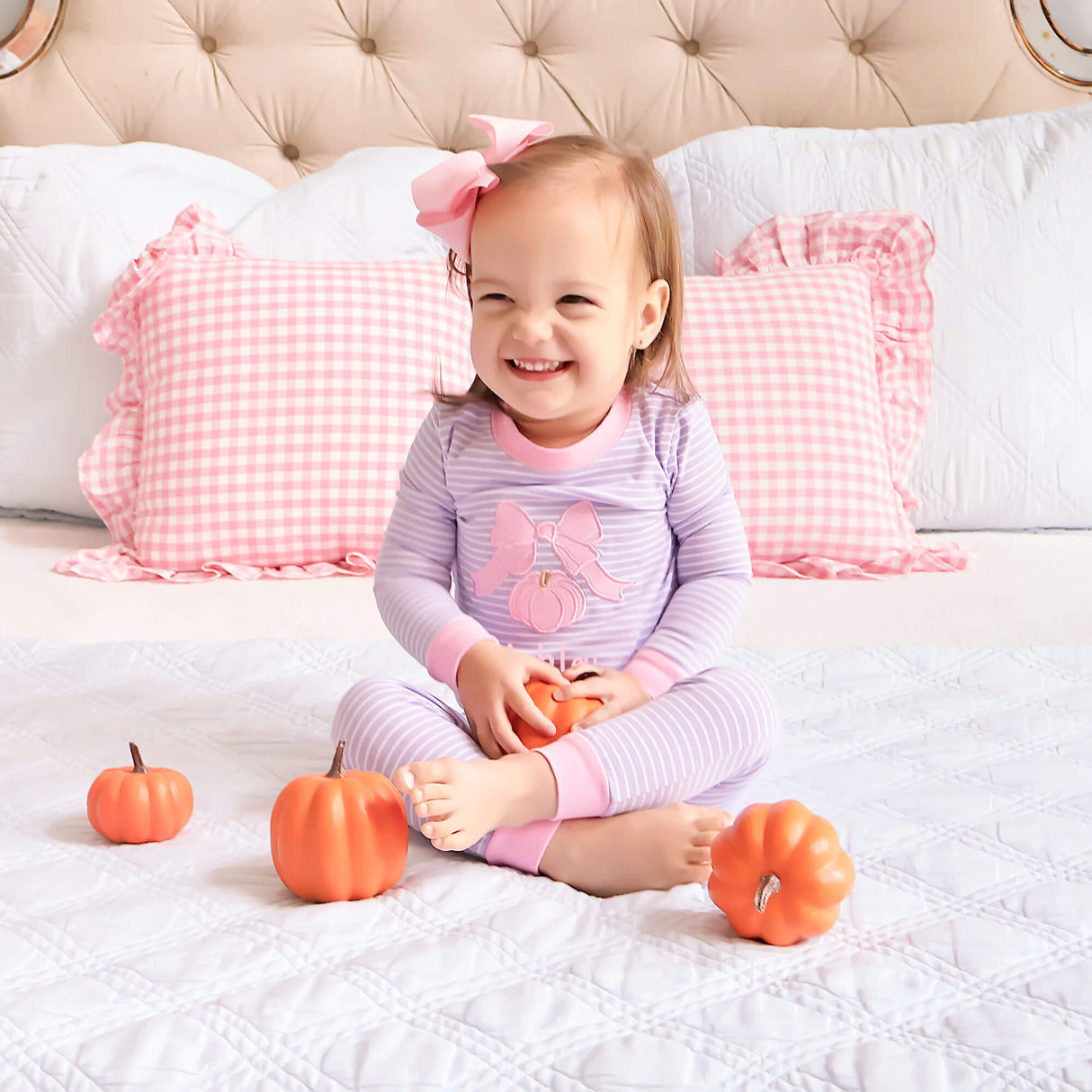 Pumpkin Bow Lavender Stripe Pajamas