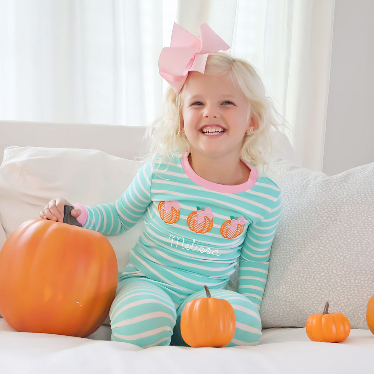 Pumpkin Bows Turquoise Stripe Pajamas
