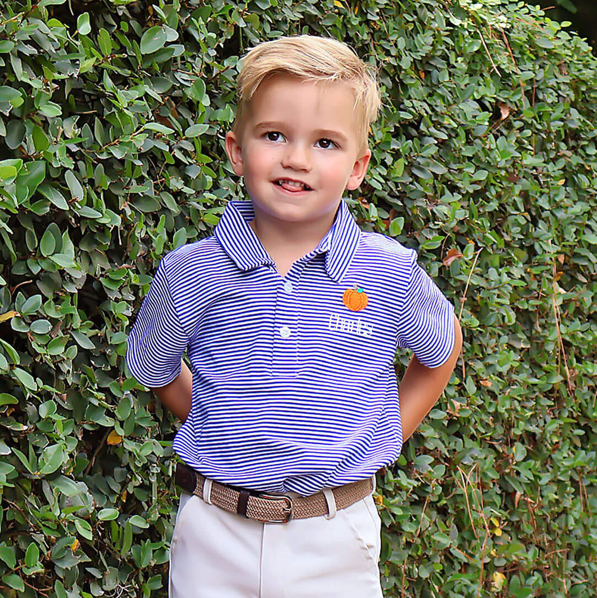 Pumpkin Embroidered Blue Stripe Polo