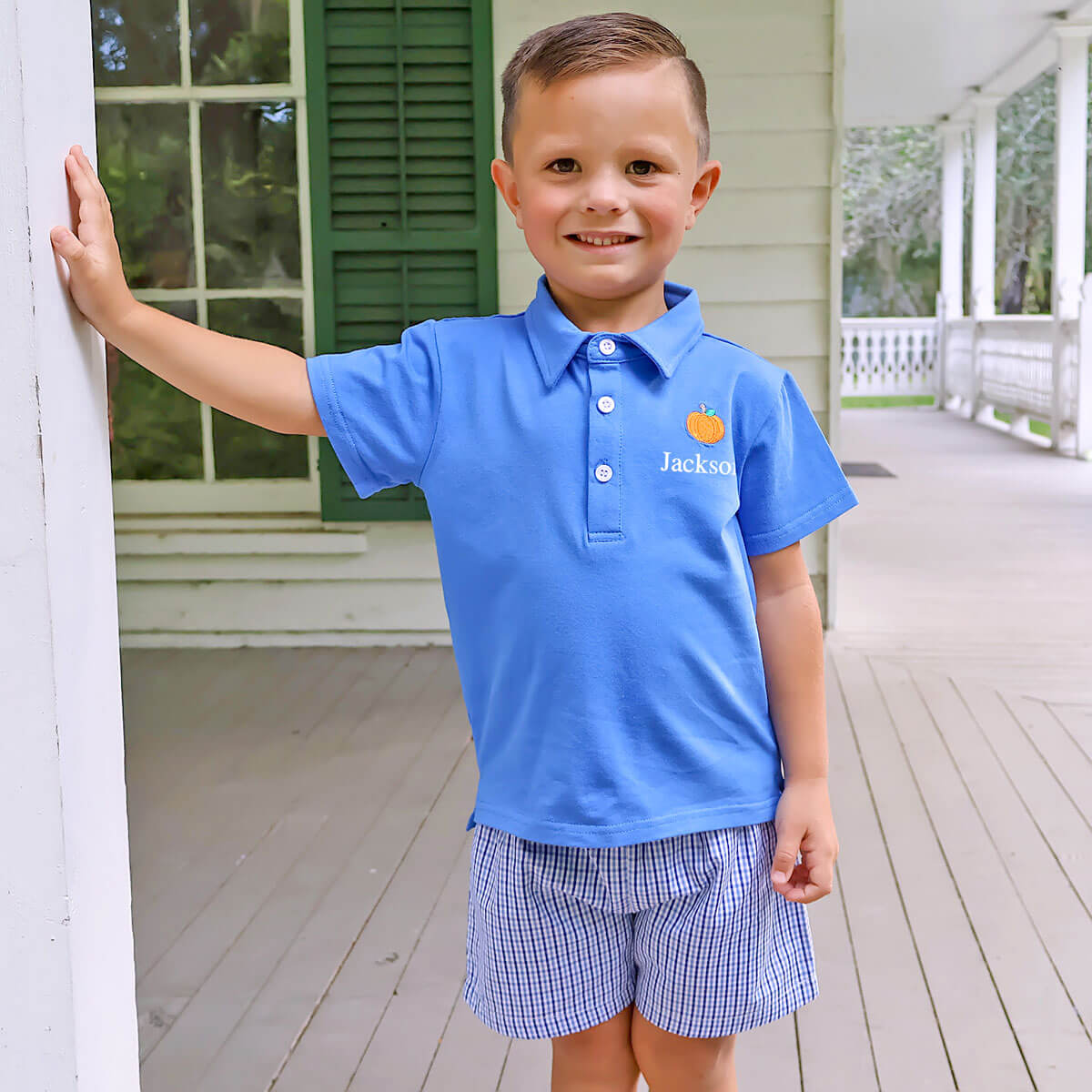 Pumpkin Cutie Royal Blue Gingham Polo Short Set